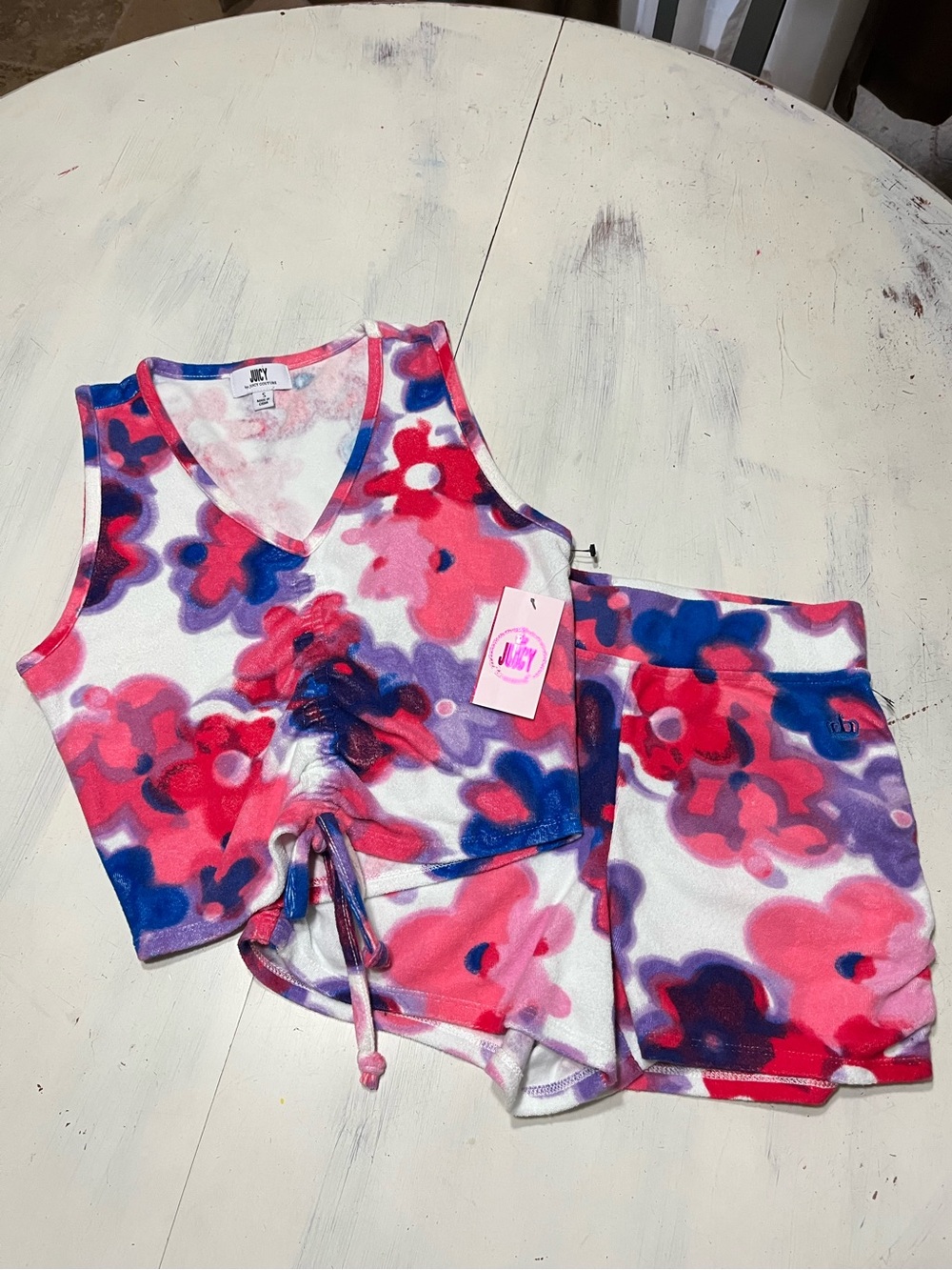 Juicy by Juicy Couture Towel Terry Cloth Floral Ruched Crop Tank & Shorts Set